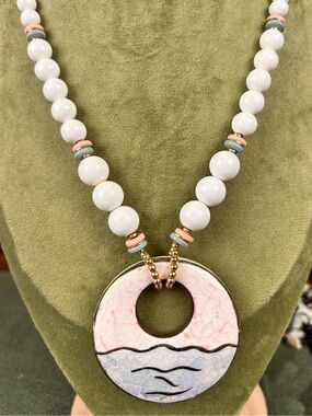 Vintage Handpainted White Bead Necklace, abstract Beach Pendant, Summer Vibes